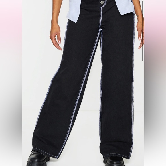 PrettyLittleThing Black Wide Leg Denim Jeans Pants Button Fly Size 10 - Picture 2 of 9